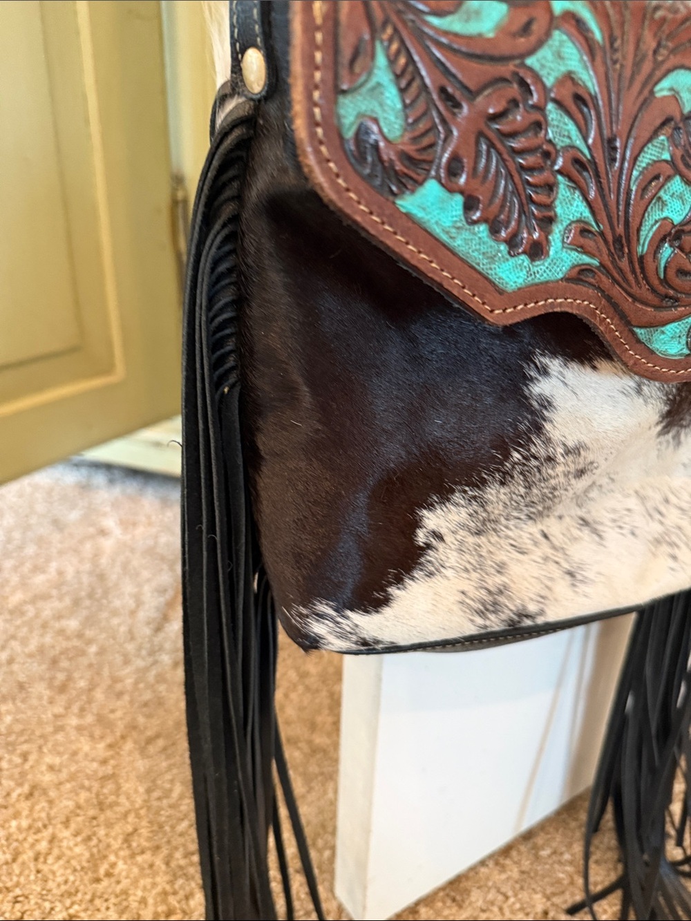 Myra Bag Turquoise and Brown Tooled Leather Cowhide Fringe Crossbody - Picture 3 of 9